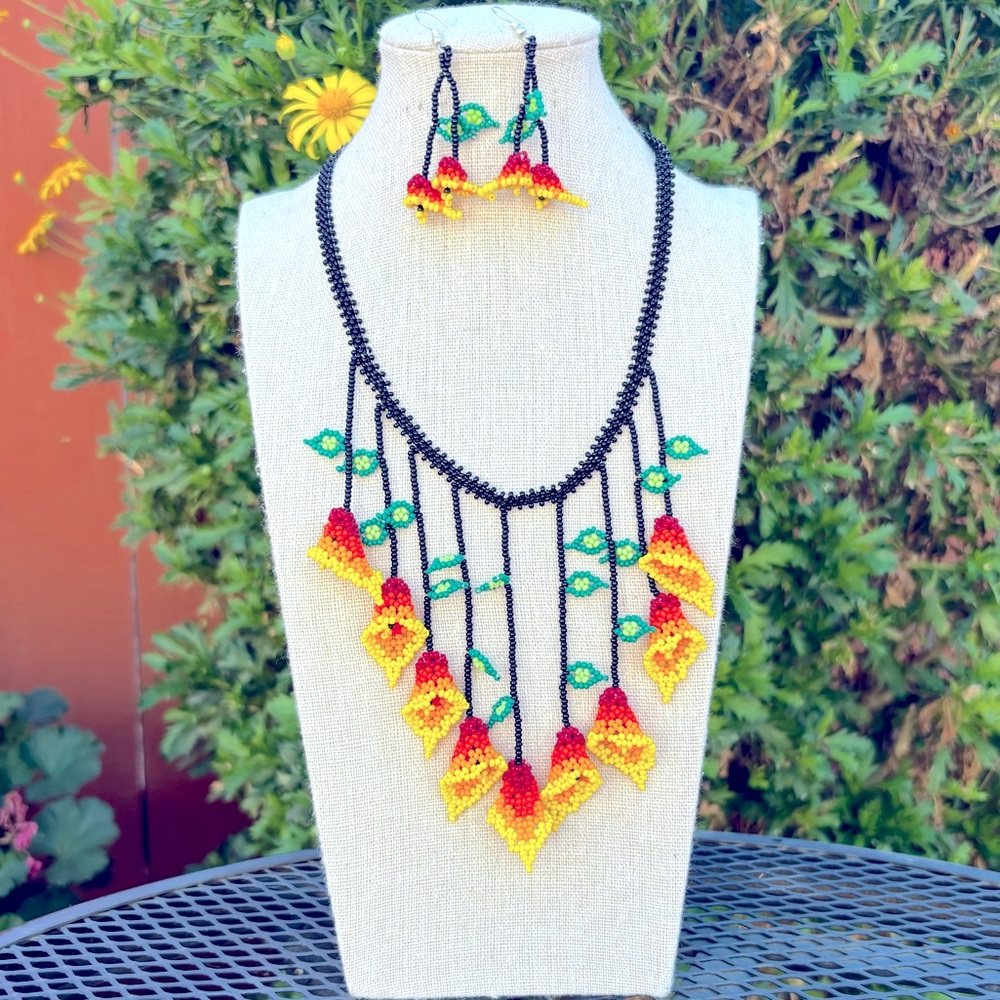 Handmade Chakira bead 9 string lilies necklace and earrings set